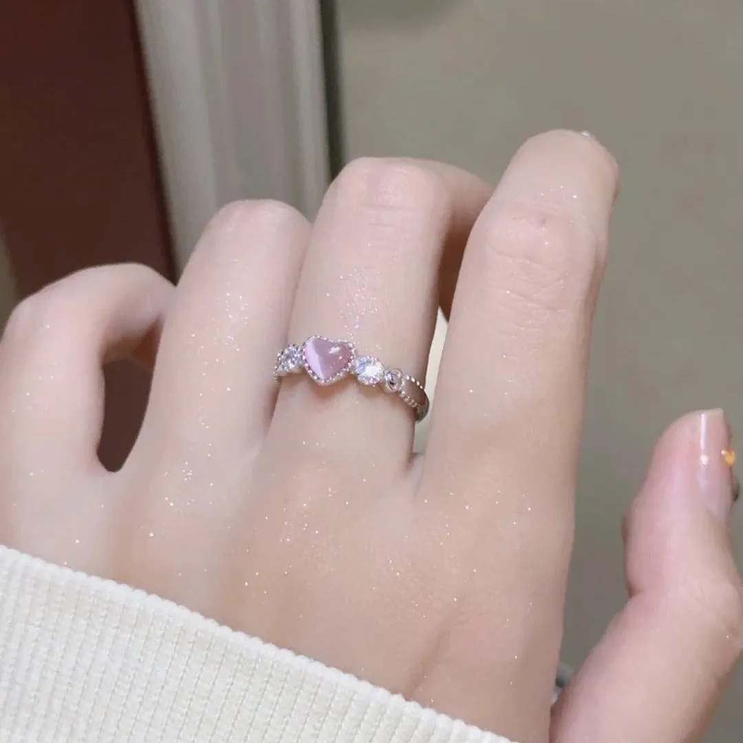 Chic CZ Inlaid Pink Opal Heart Ring
