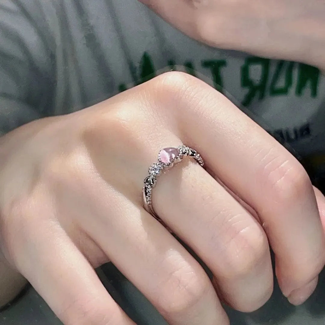 Chic CZ Inlaid Pink Opal Heart Ring