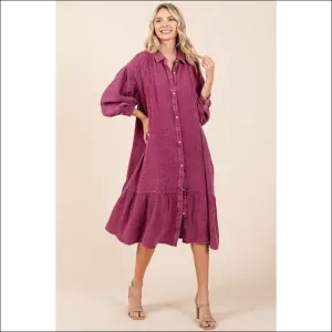 Chic Mineral Wash Ruffle Midi Shirt Dress