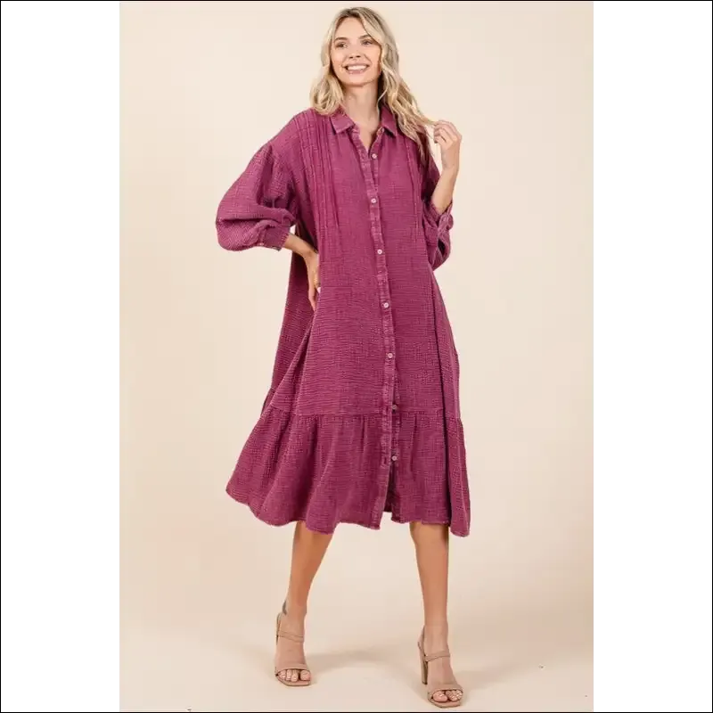 Chic Mineral Wash Ruffle Midi Shirt Dress