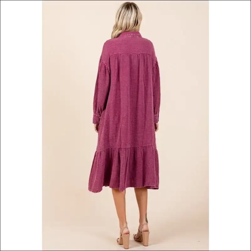 Chic Mineral Wash Ruffle Midi Shirt Dress