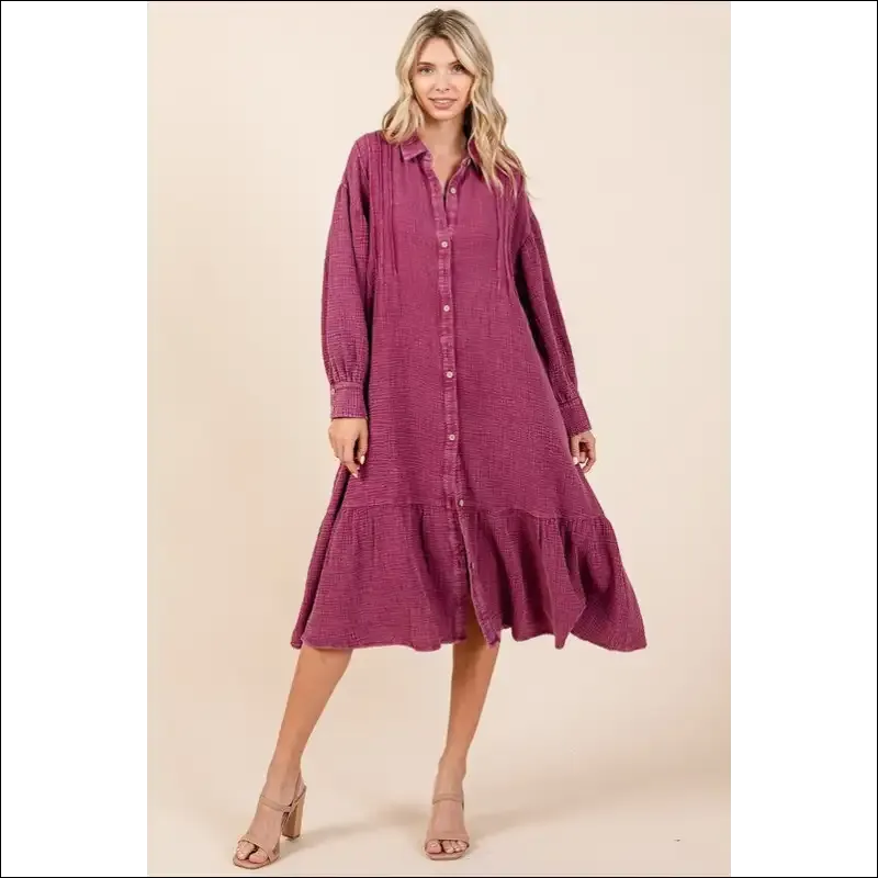 Chic Mineral Wash Ruffle Midi Shirt Dress
