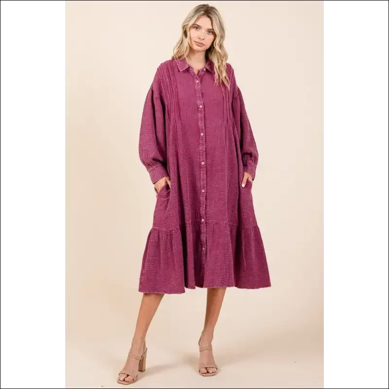 Chic Mineral Wash Ruffle Midi Shirt Dress