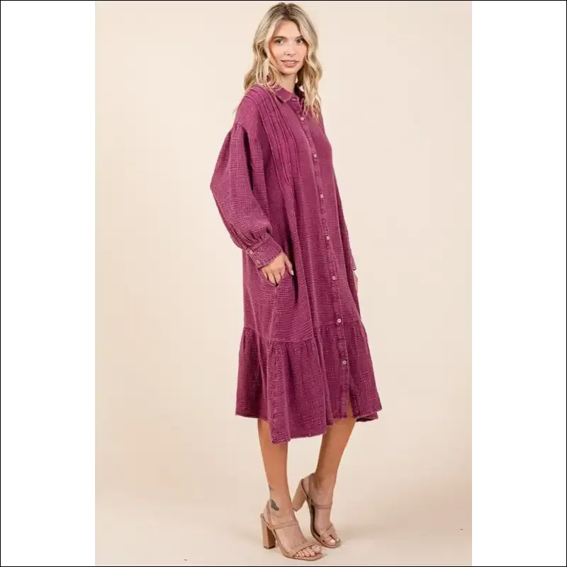 Chic Mineral Wash Ruffle Midi Shirt Dress