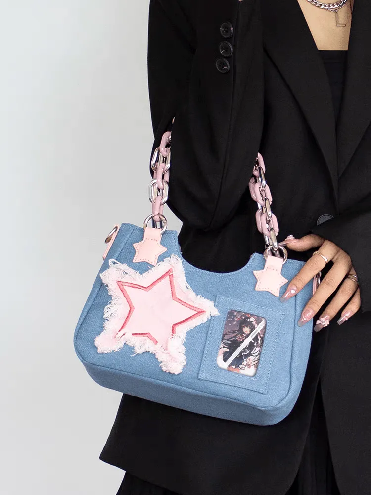 Chic Pink Star Acrylic Chain Denim Shoulder Crossbody Bag