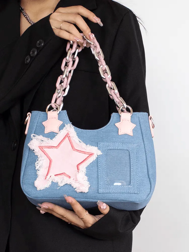 Chic Pink Star Acrylic Chain Denim Shoulder Crossbody Bag
