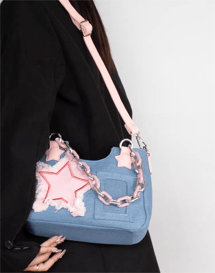 Chic Pink Star Acrylic Chain Denim Shoulder Crossbody Bag