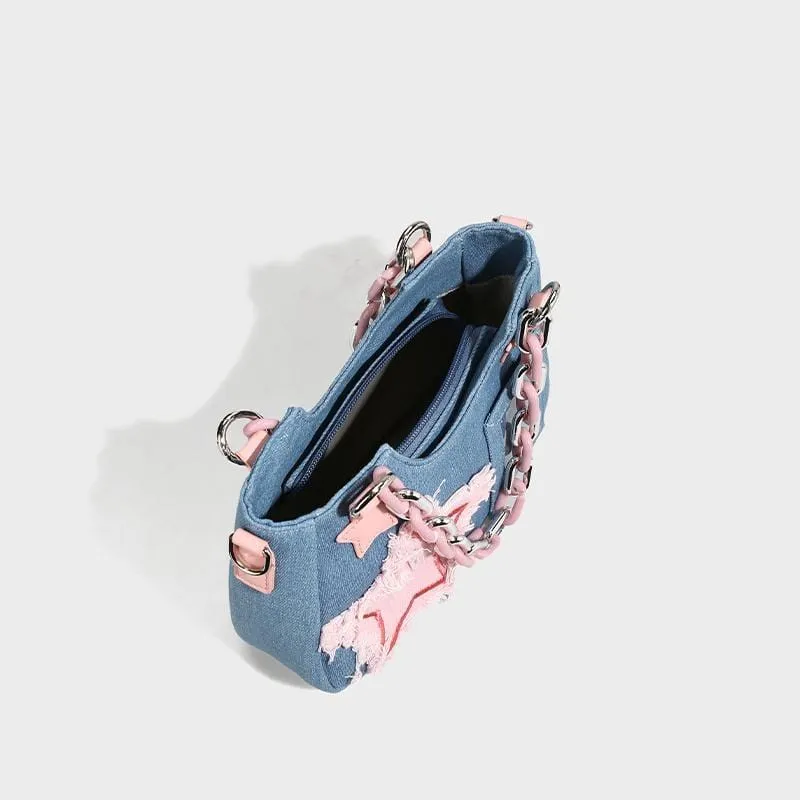Chic Pink Star Acrylic Chain Denim Shoulder Crossbody Bag