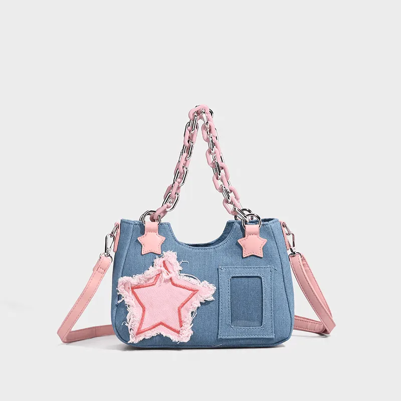Chic Pink Star Acrylic Chain Denim Shoulder Crossbody Bag