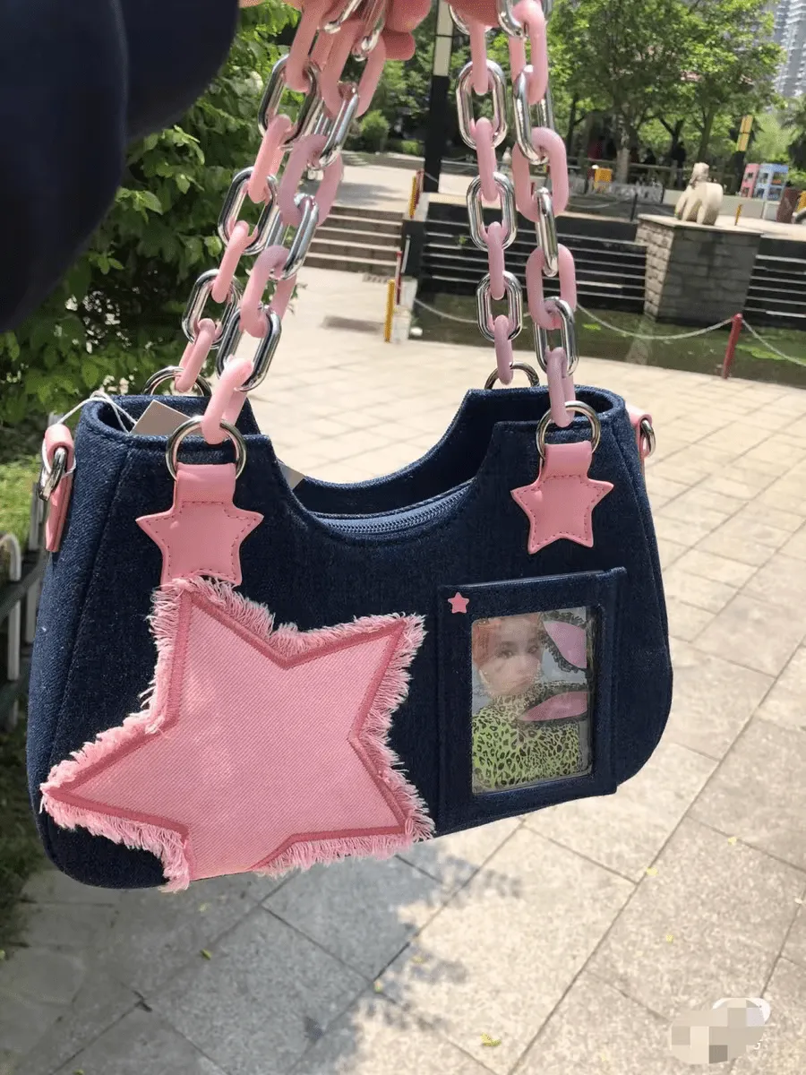 Chic Pink Star Acrylic Chain Denim Shoulder Crossbody Bag