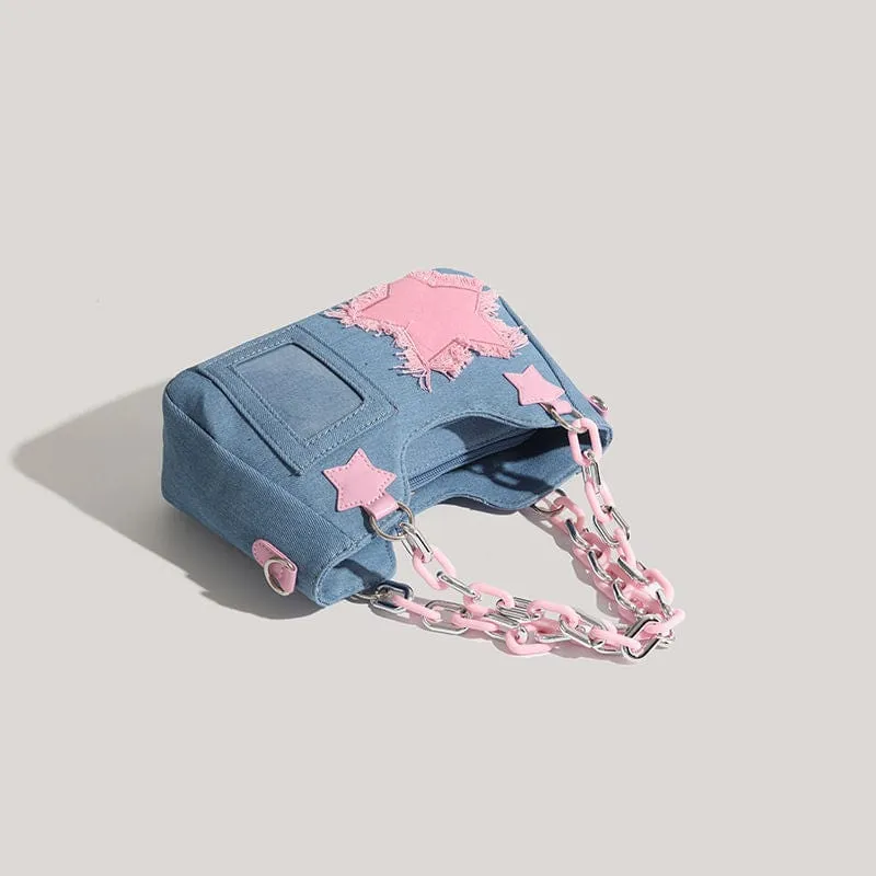 Chic Pink Star Acrylic Chain Denim Shoulder Crossbody Bag