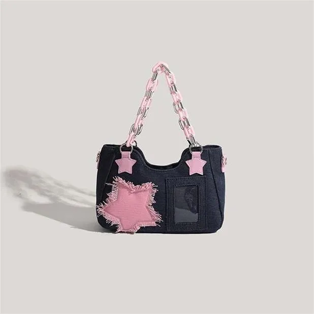 Chic Pink Star Acrylic Chain Denim Shoulder Crossbody Bag