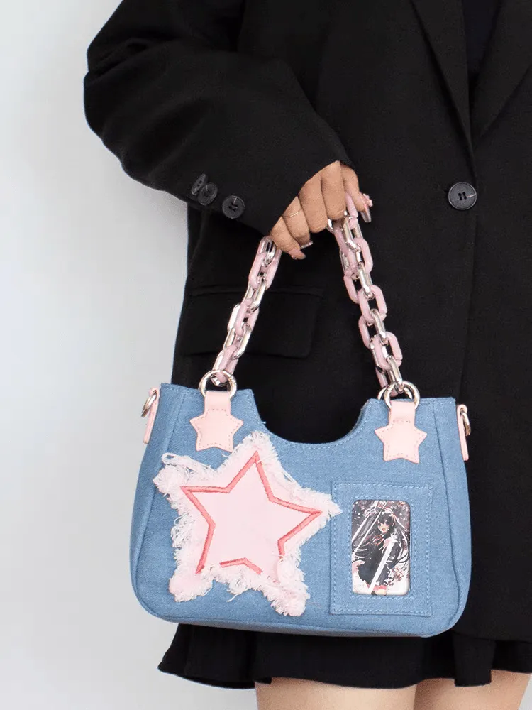 Chic Pink Star Acrylic Chain Denim Shoulder Crossbody Bag