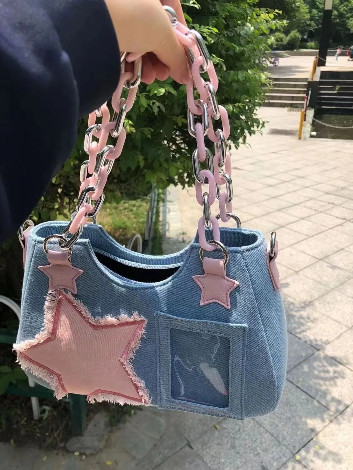 Chic Pink Star Acrylic Chain Denim Shoulder Crossbody Bag