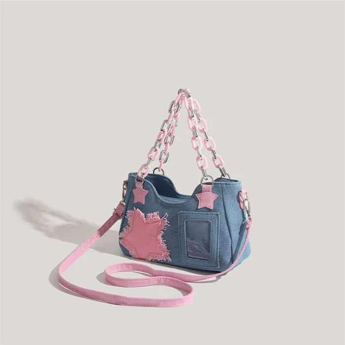 Chic Pink Star Acrylic Chain Denim Shoulder Crossbody Bag