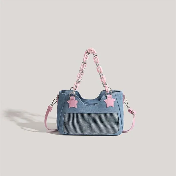 Chic Pink Star Acrylic Chain Denim Shoulder Crossbody Bag