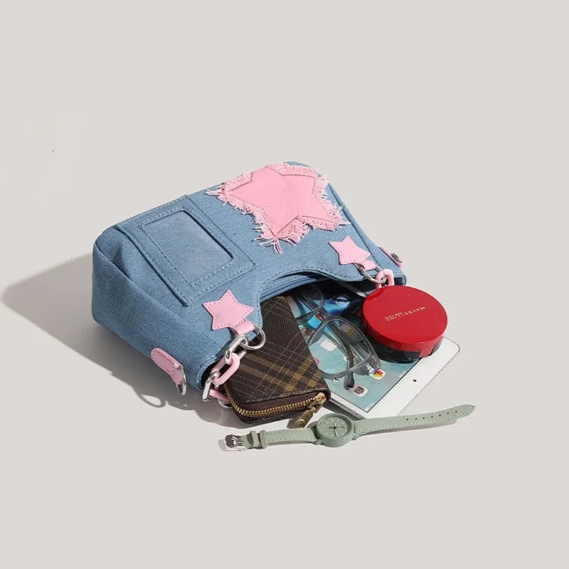 Chic Pink Star Acrylic Chain Denim Shoulder Crossbody Bag