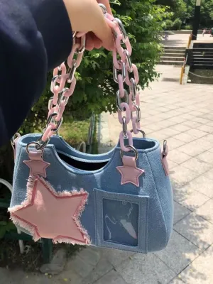 Chic Pink Star Acrylic Chain Denim Shoulder Crossbody Bag