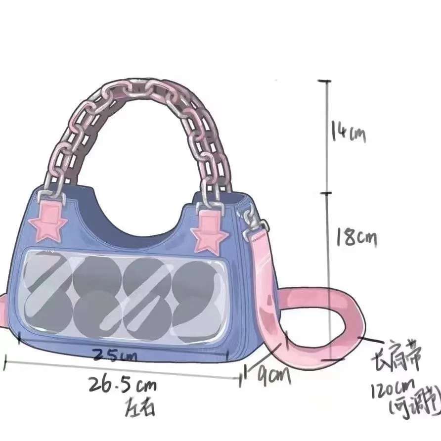 Chic Pink Star Acrylic Chain Denim Shoulder Crossbody Bag