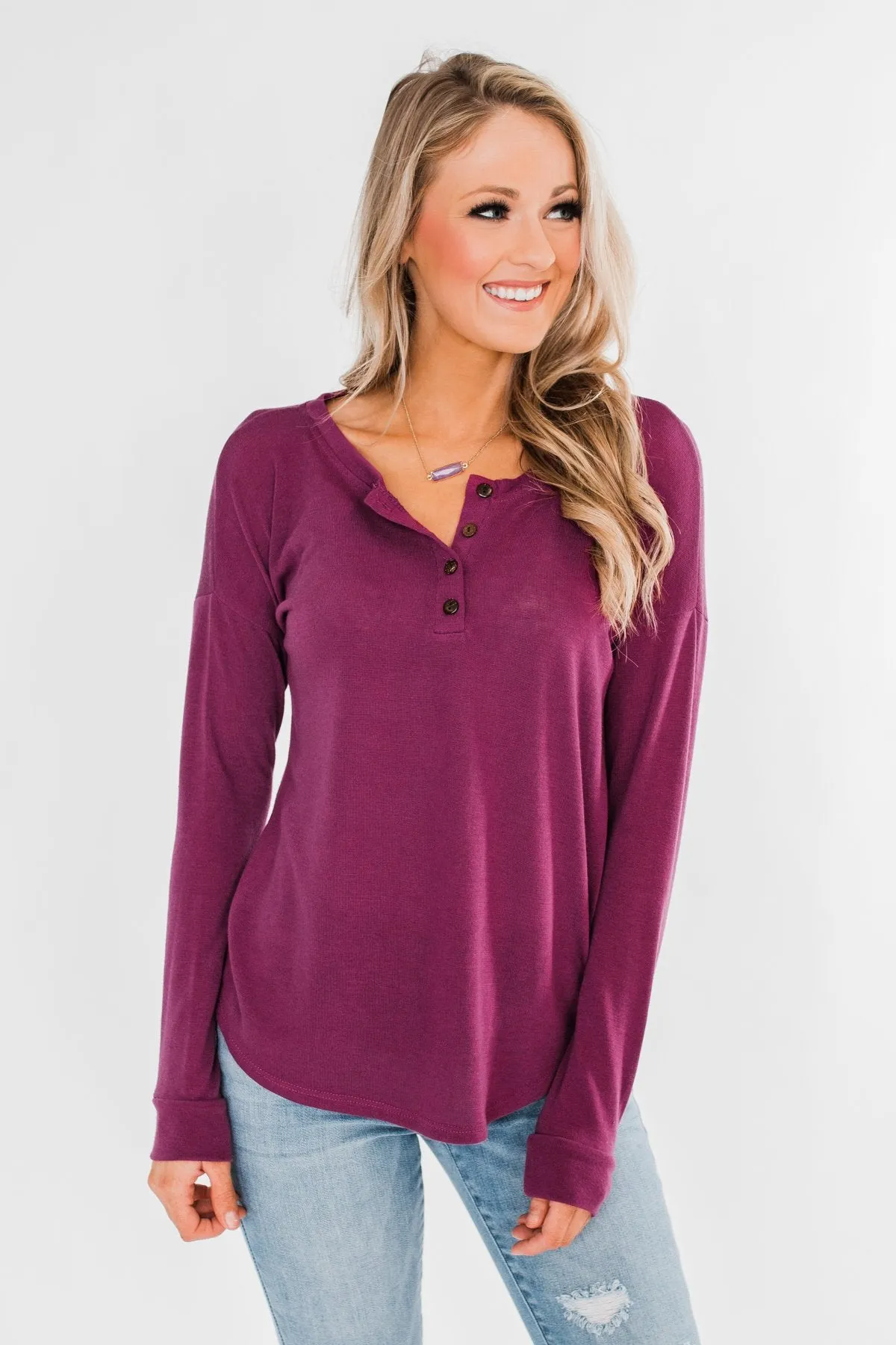 Cozy & Warm 4 Button Henley Top- Plum