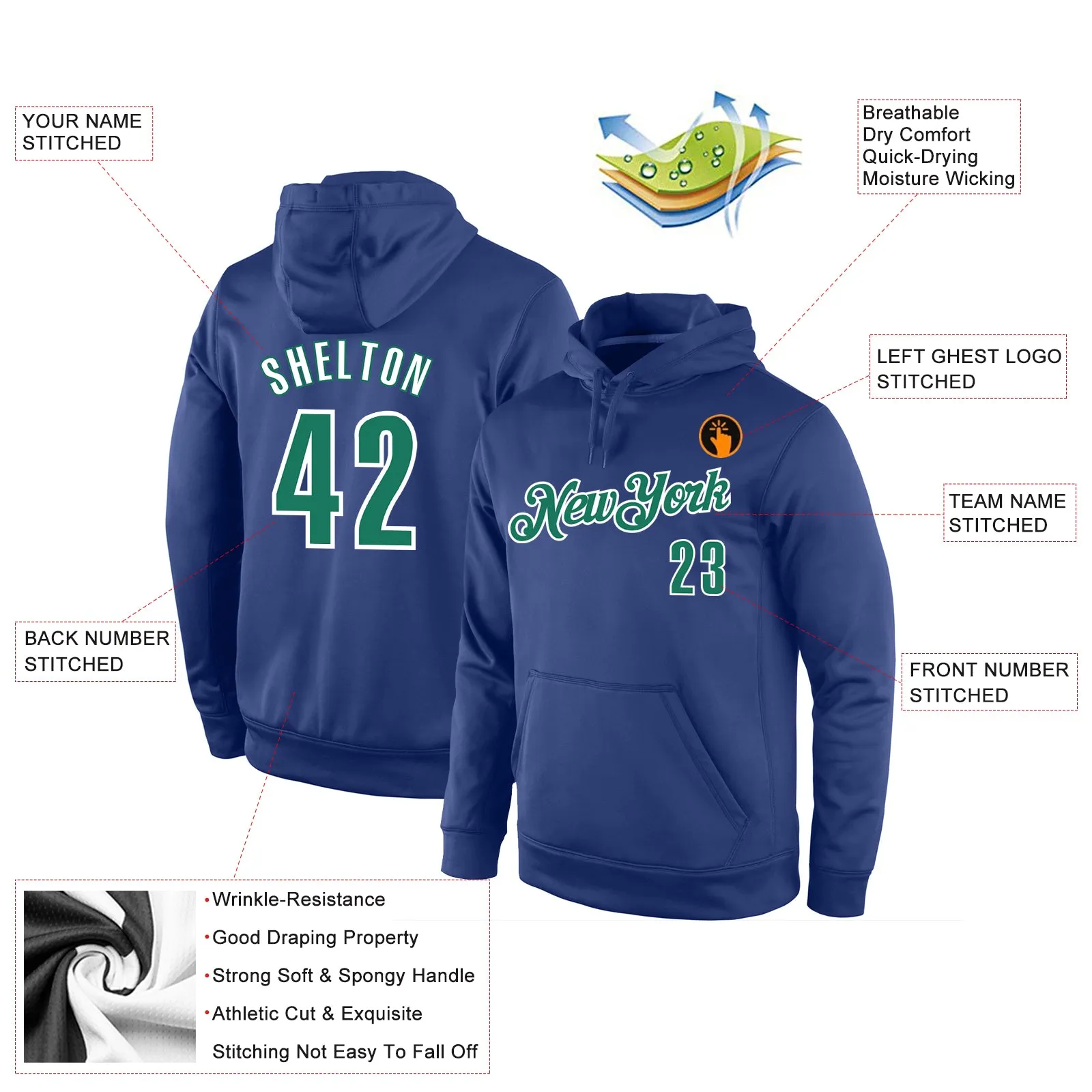 Custom Stitched Royal Kelly Green-White Sports Pullover Sweatshirt Hoodie