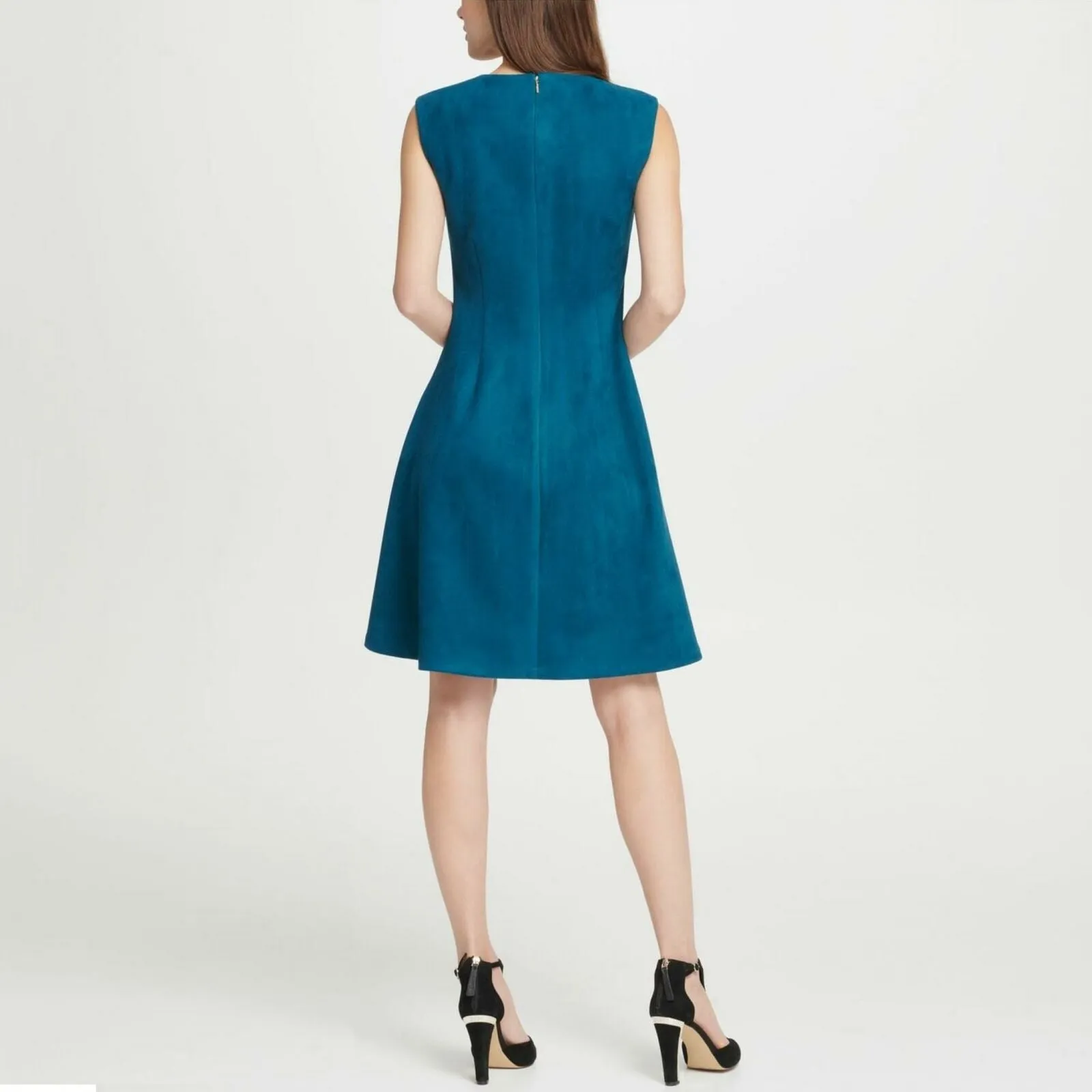 DKNY Women's V-Neck Faux Suede Seamed Fit Flare Dress