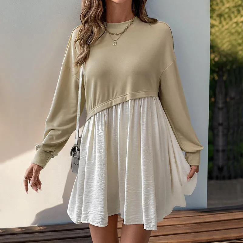 Effortlessly Stylish Patchwork Round-Neck Long-Sleeved Dress for Cool Seasons