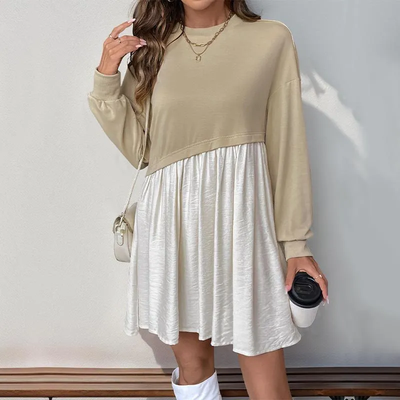 Effortlessly Stylish Patchwork Round-Neck Long-Sleeved Dress for Cool Seasons
