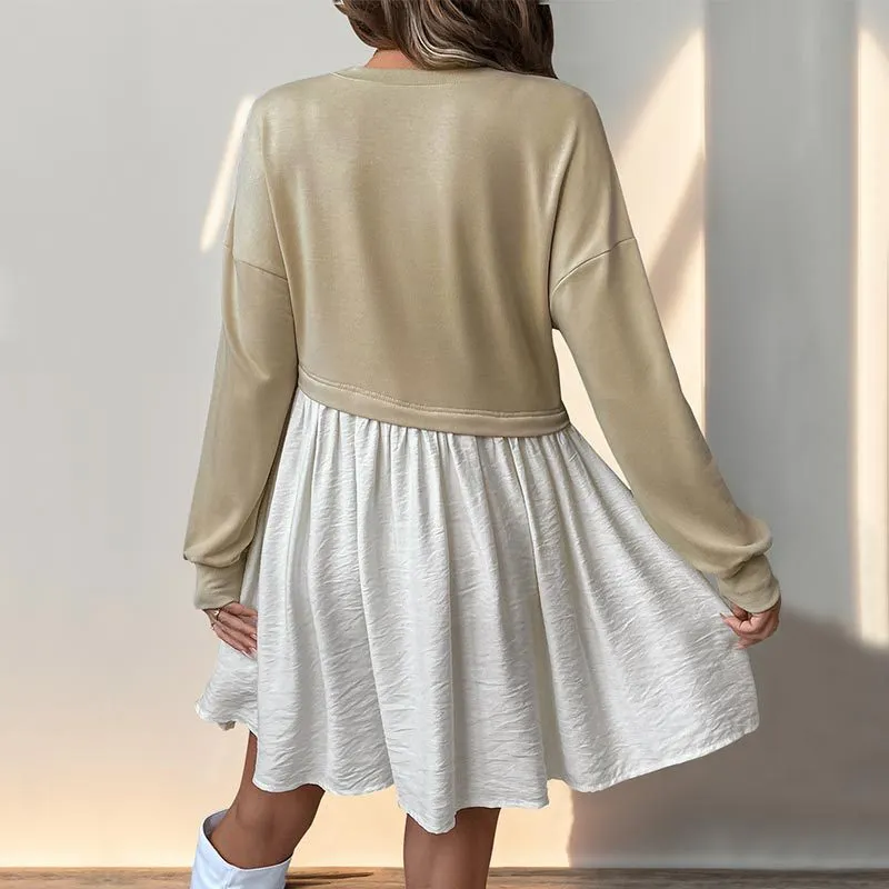 Effortlessly Stylish Patchwork Round-Neck Long-Sleeved Dress for Cool Seasons