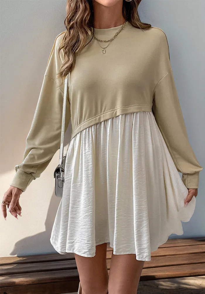 Effortlessly Stylish Patchwork Round-Neck Long-Sleeved Dress for Cool Seasons