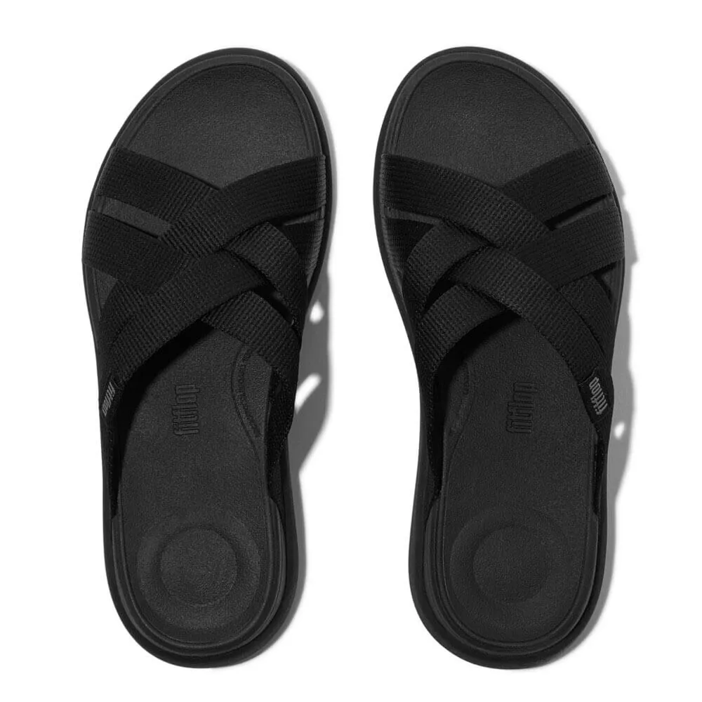 F-Mode Go Webbing Flatform Strappy Slides Sandals - All Black