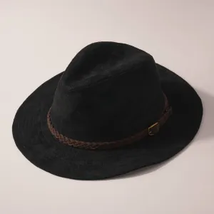 Faux Suede Leather Braided Strap Panama Hat