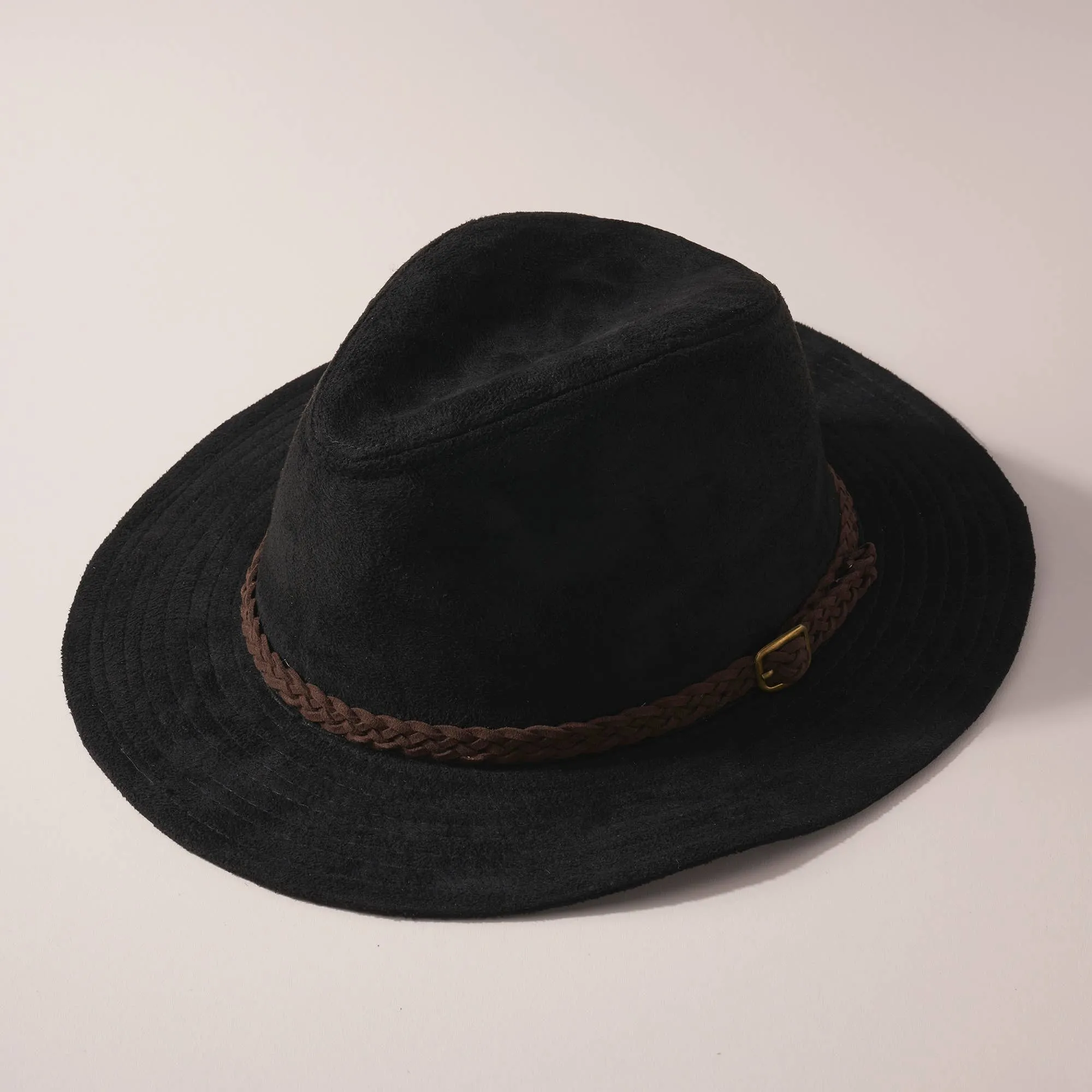 Faux Suede Leather Braided Strap Panama Hat