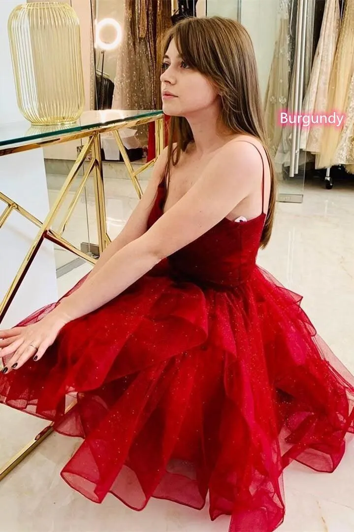 Flounced Burgundy Sparkly Tulle Homecoming Dress With Side Draping HD0161