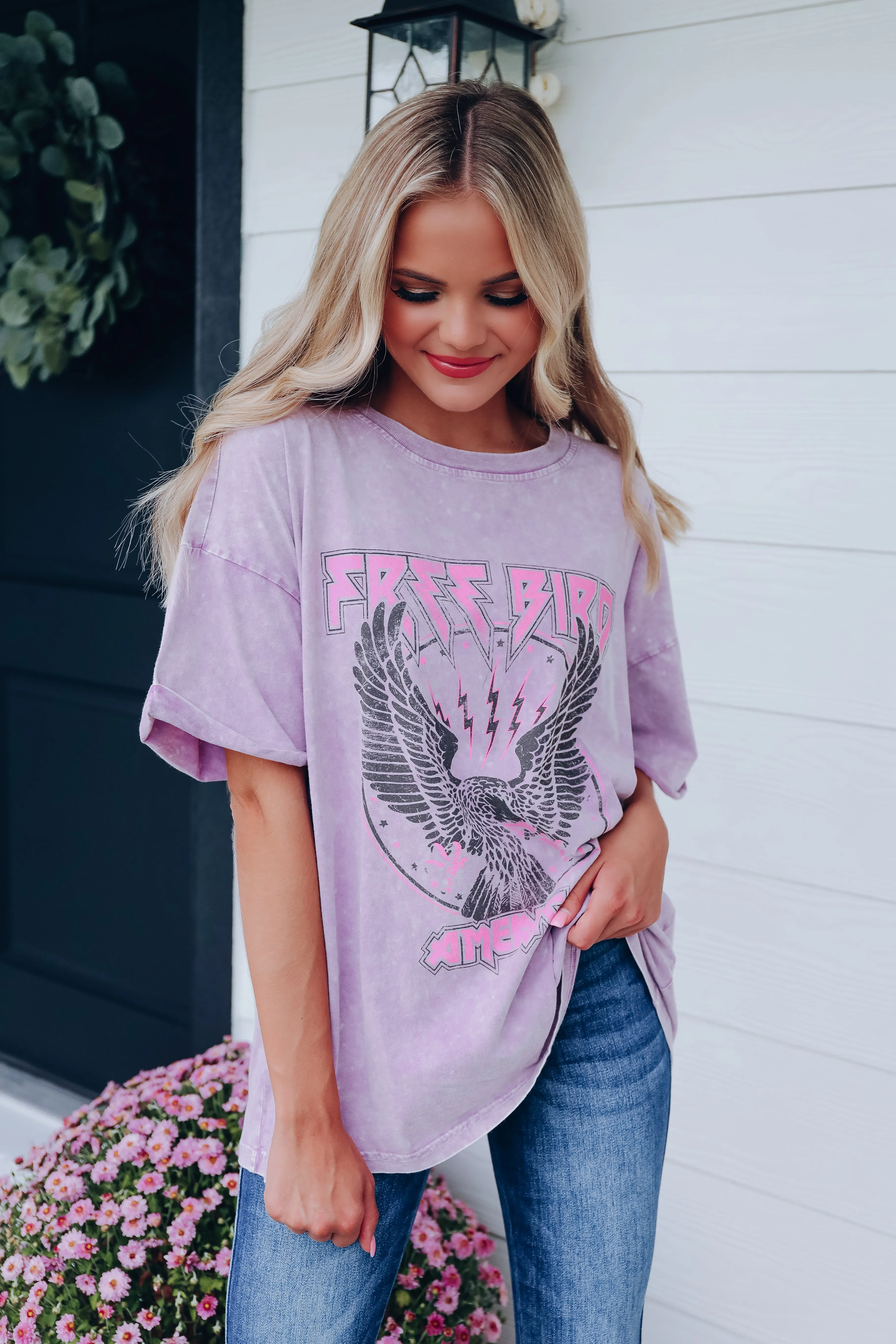 Free Bird Vintage Acid Wash Graphic Tee - Lavender