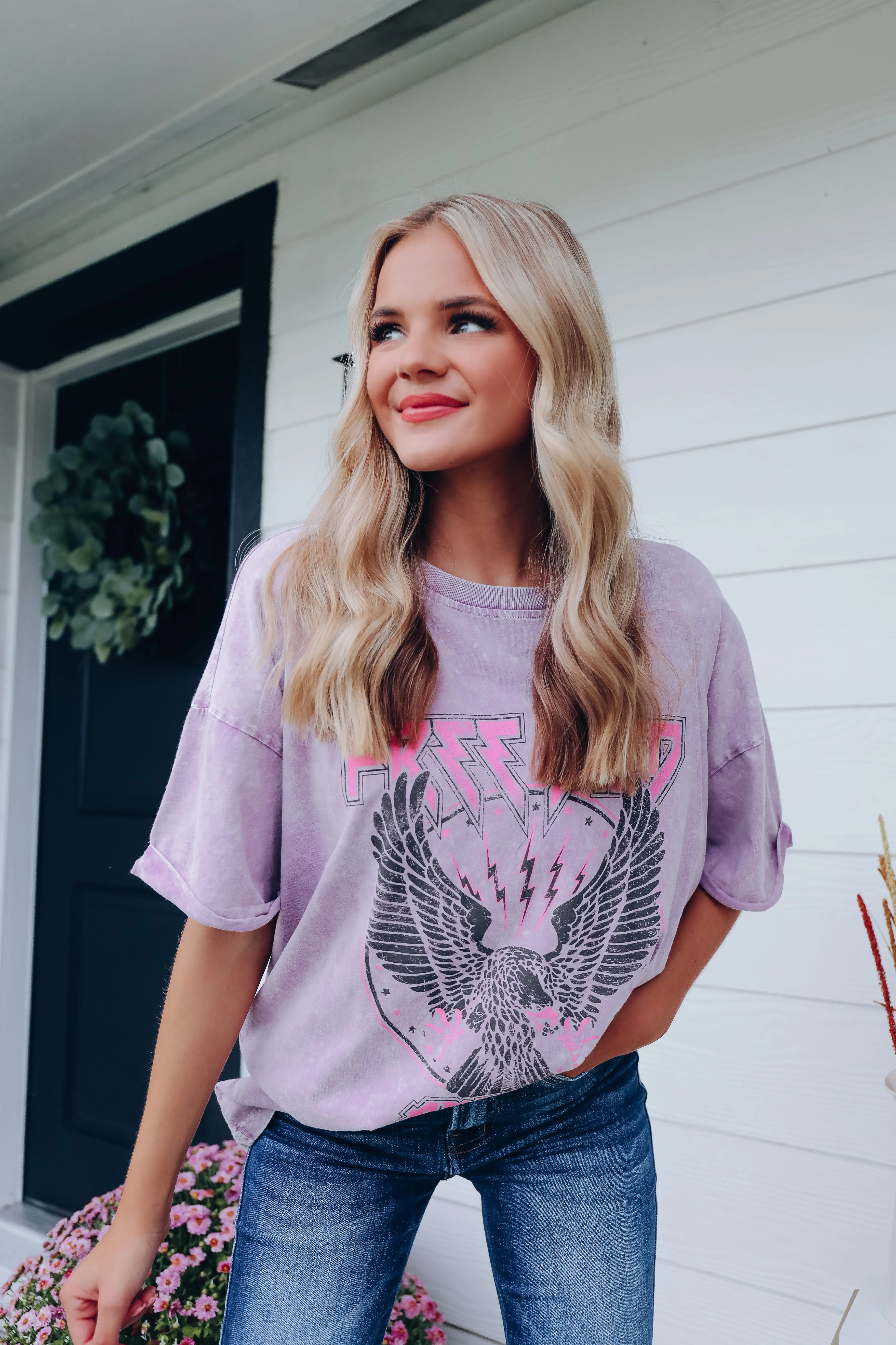 Free Bird Vintage Acid Wash Graphic Tee - Lavender