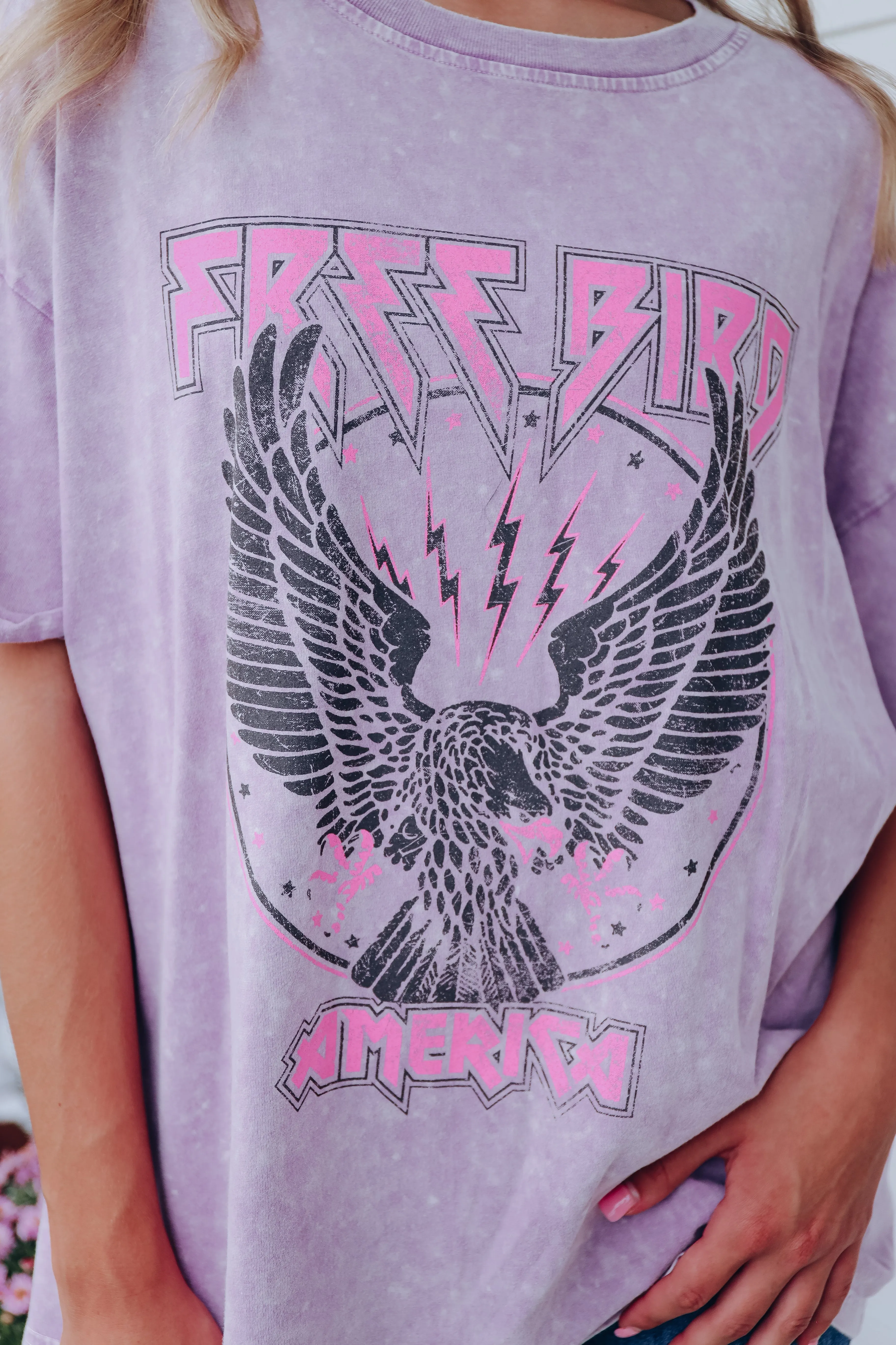 Free Bird Vintage Acid Wash Graphic Tee - Lavender