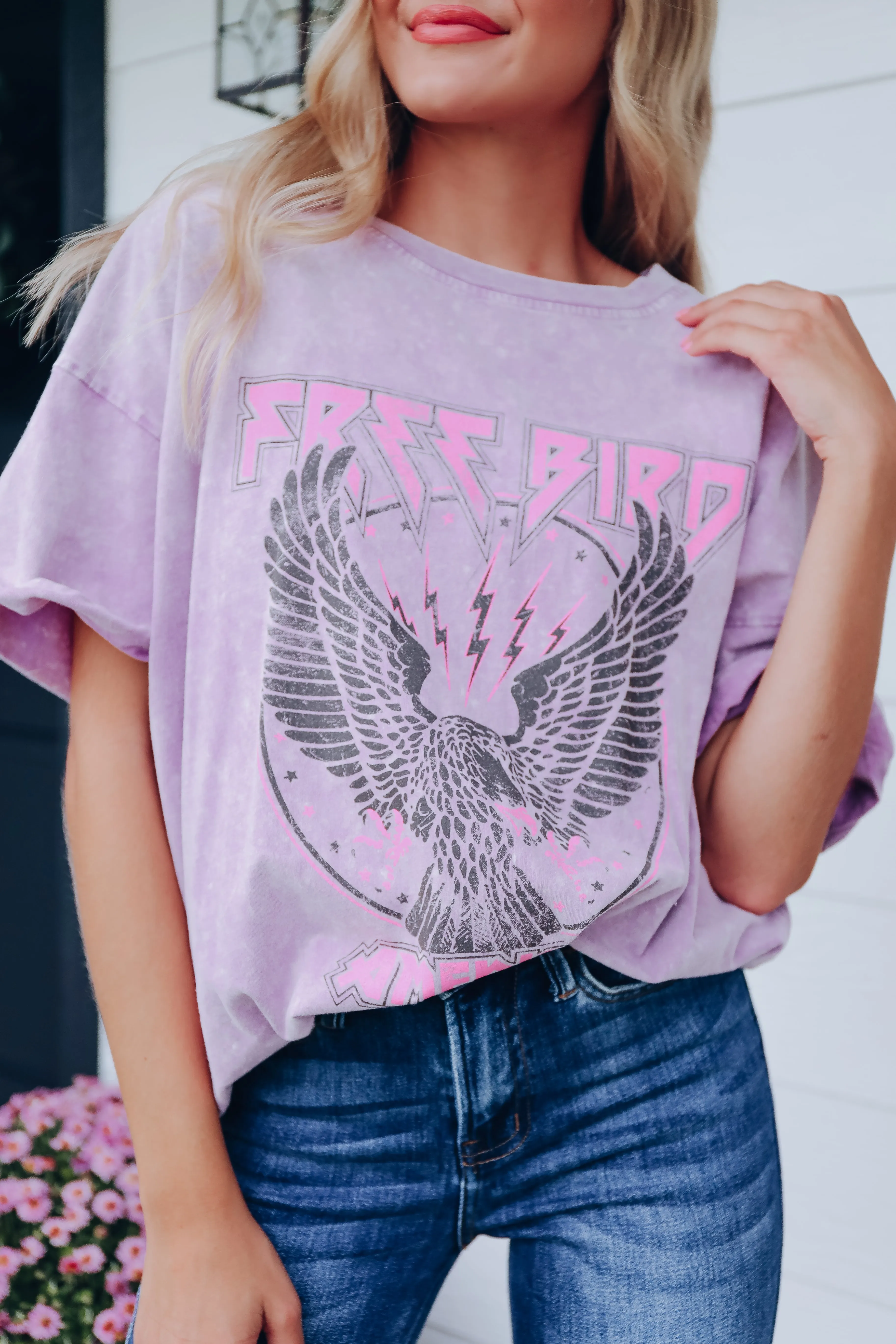 Free Bird Vintage Acid Wash Graphic Tee - Lavender