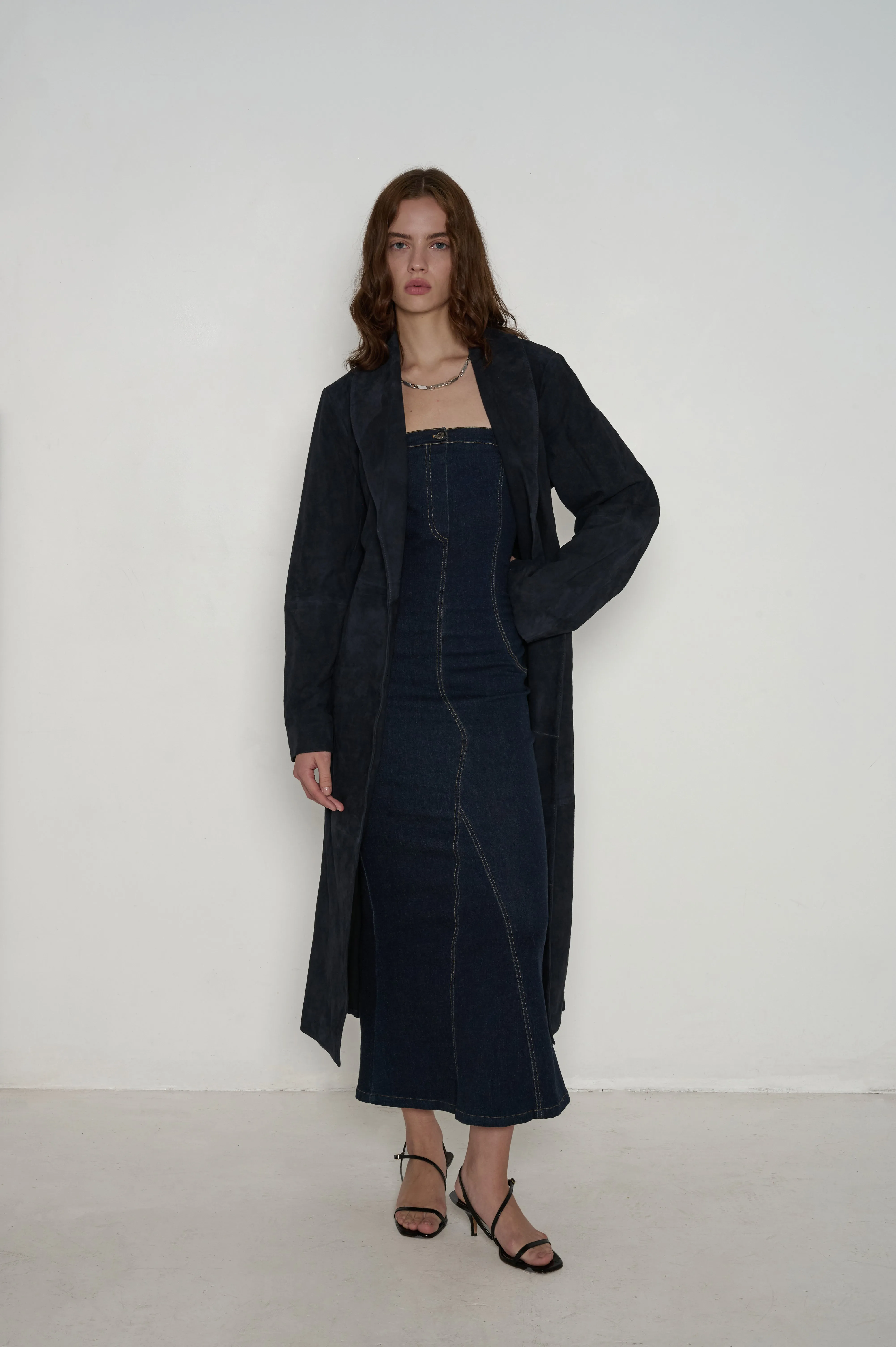 Frida Full Length Leather Wrap Coat in Midnight Suede
