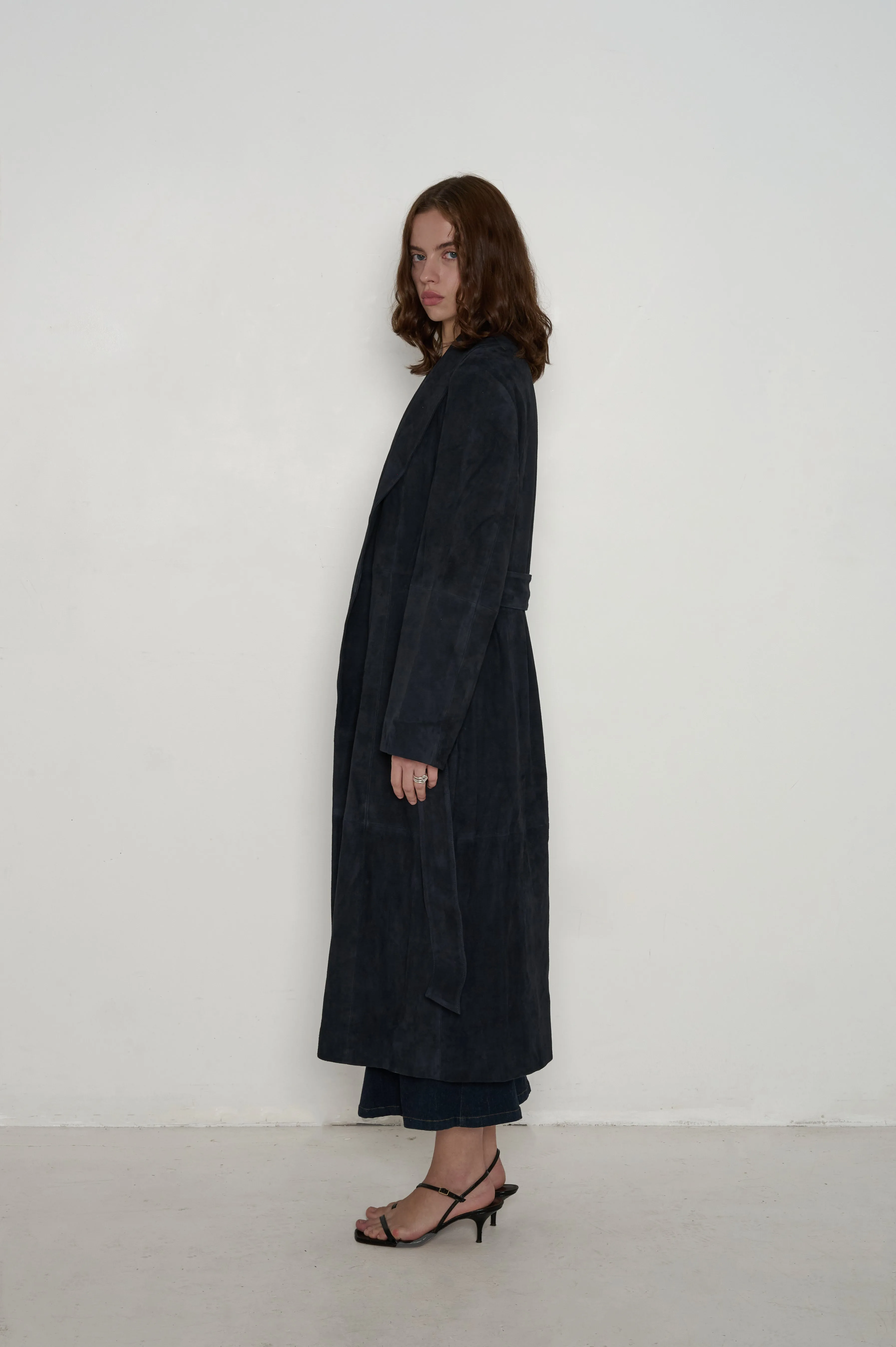Frida Full Length Leather Wrap Coat in Midnight Suede