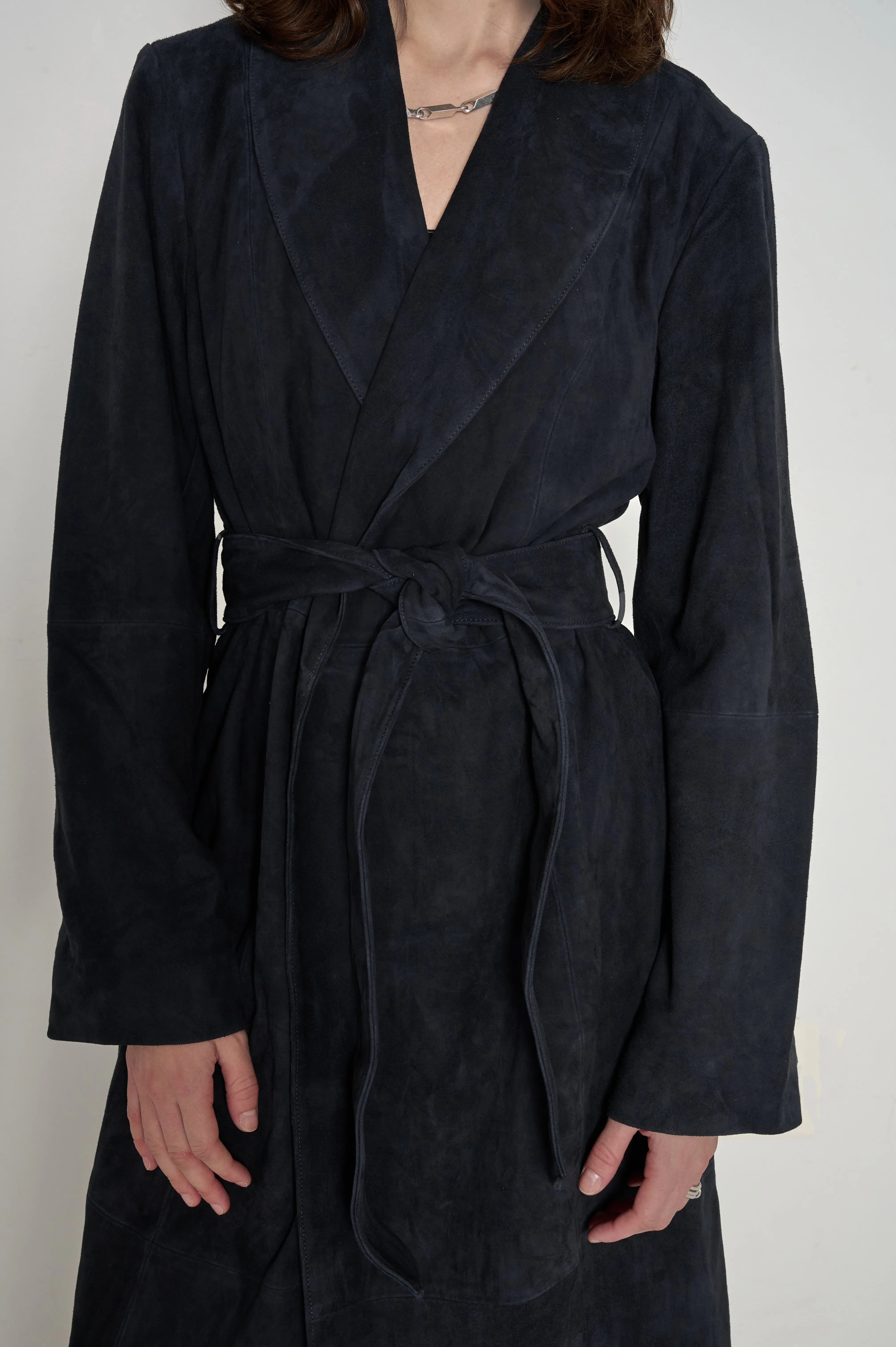 Frida Full Length Leather Wrap Coat in Midnight Suede