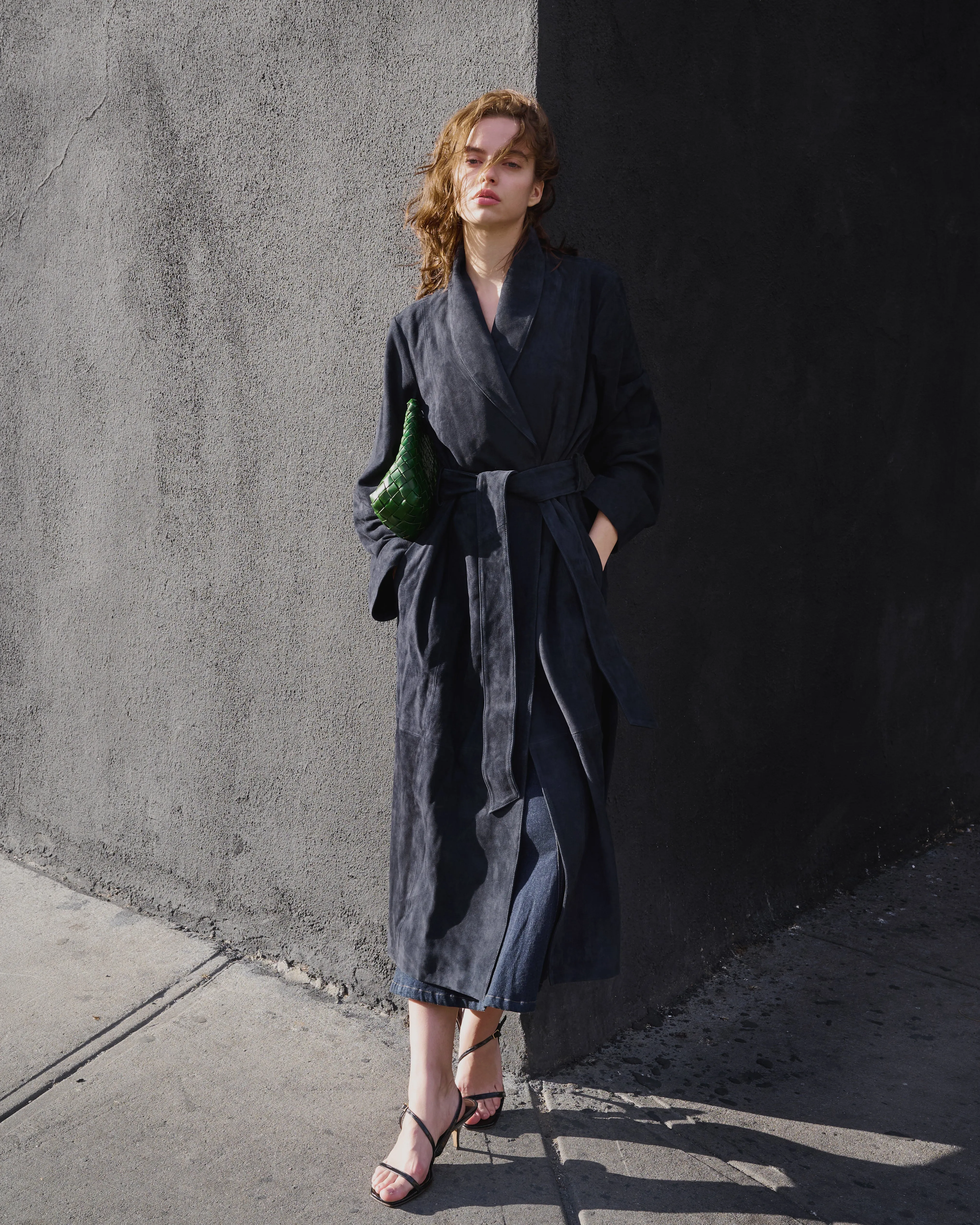 Frida Full Length Leather Wrap Coat in Midnight Suede