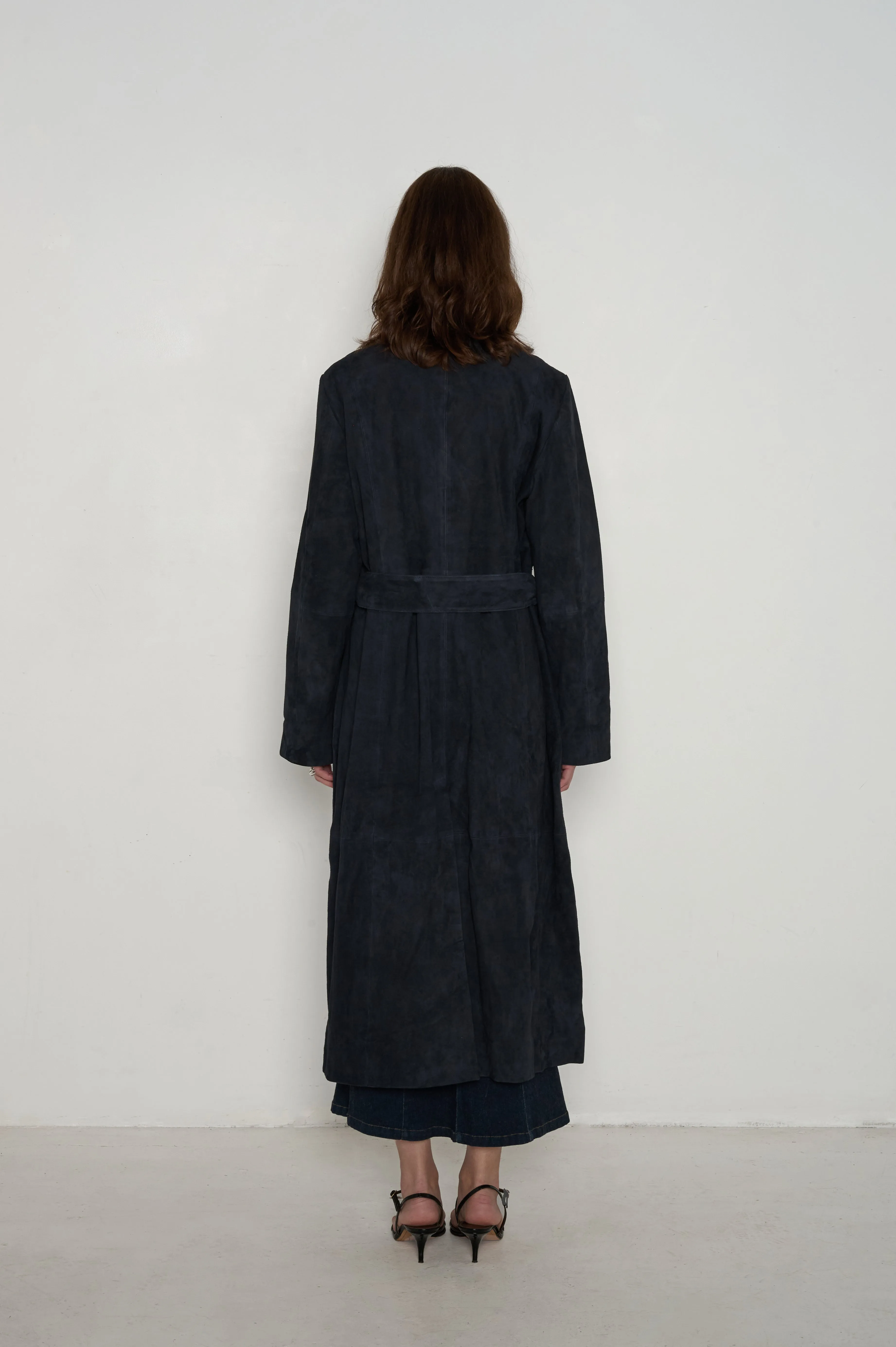Frida Full Length Leather Wrap Coat in Midnight Suede
