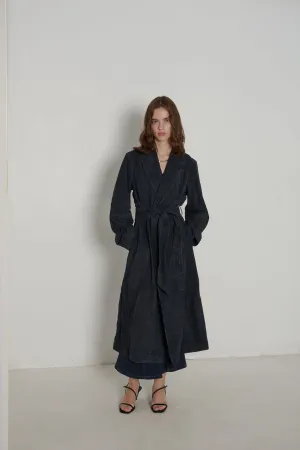 Frida Full Length Leather Wrap Coat in Midnight Suede
