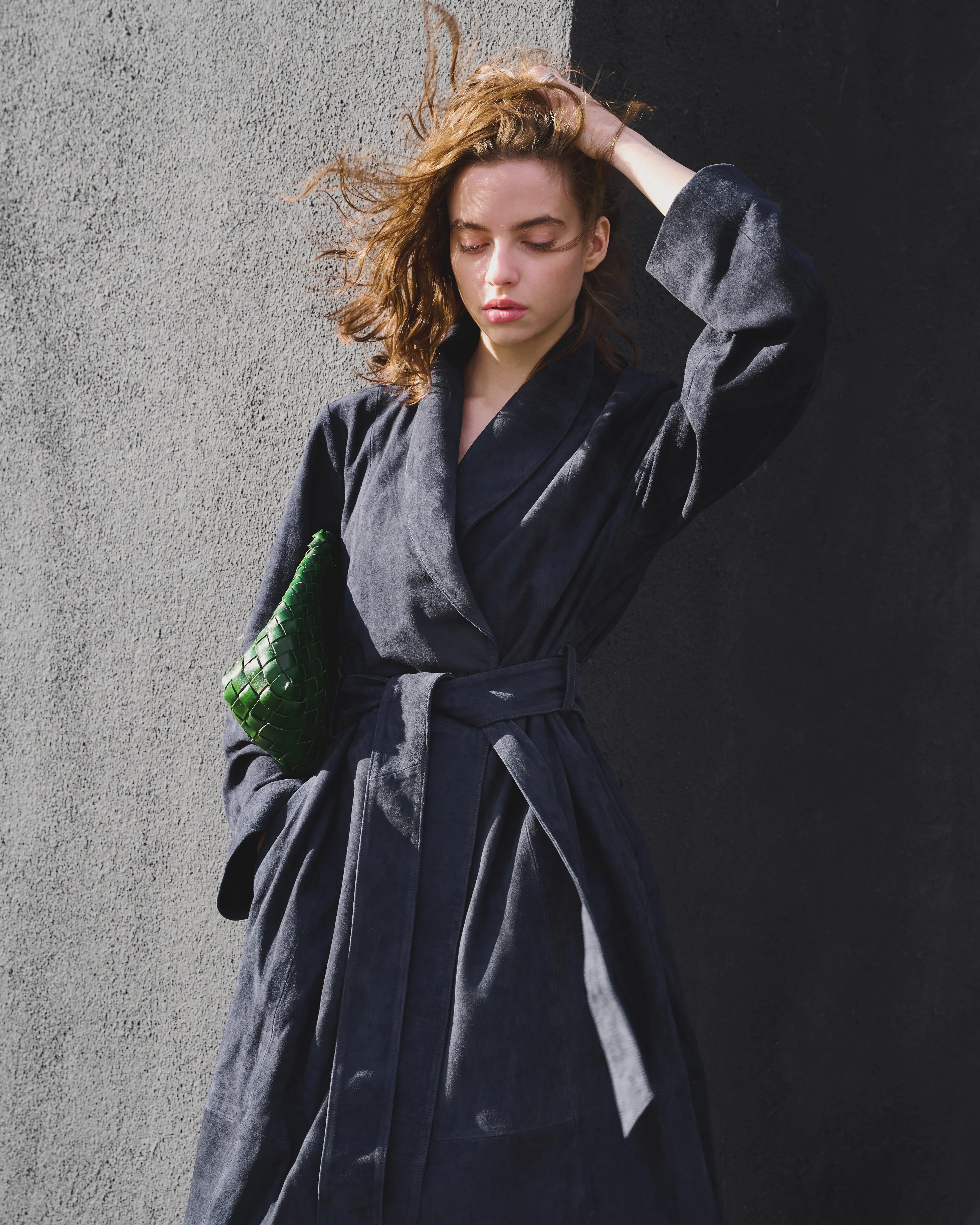 Frida Full Length Leather Wrap Coat in Midnight Suede