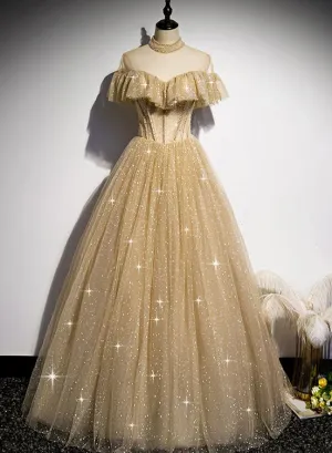 Gold Shiny Tulle High Neckline Long Formal Dress Prom Dress, Chic Tulle Party Dress