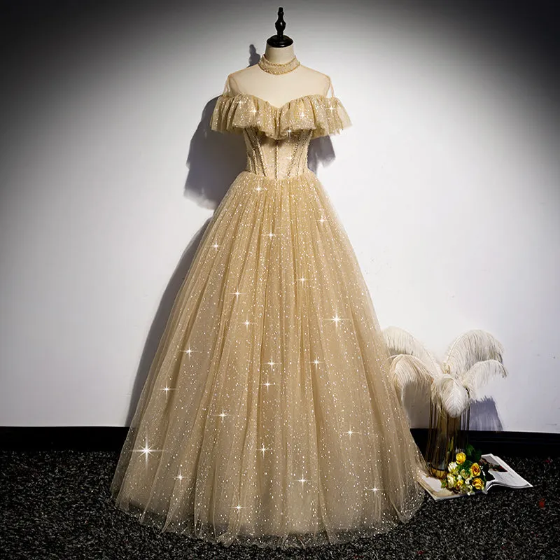 Gold Shiny Tulle High Neckline Long Formal Dress Prom Dress, Chic Tulle Party Dress