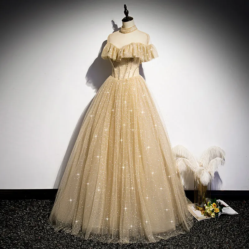 Gold Shiny Tulle High Neckline Long Formal Dress Prom Dress, Chic Tulle Party Dress