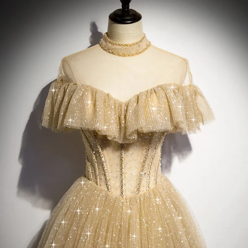 Gold Shiny Tulle High Neckline Long Formal Dress Prom Dress, Chic Tulle Party Dress