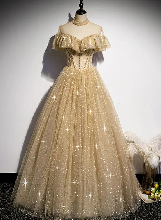 Gold Shiny Tulle High Neckline Long Formal Dress Prom Dress, Chic Tulle Party Dress